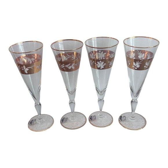 Hand Made Czech Bohemian Clear Crystal Gold Gilded Champagne Flute Glasses 7.5" - Picture 2 of 6